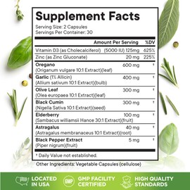 Oregano Oil, Garlic Extract, Olive Leaf, Black Seed Oil, Astragalus-Immune Support & Digestive Health Supplement for Women and Men- 120 Count