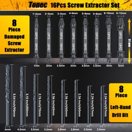 Topec 16PCS Damaged Screw Extractor Set and Left Hand Drill Bit Set, Easy Out Screw Extractor Set with Storage Case, Suitable for Remove Broken, Rusty, Stripped Screw