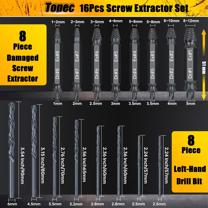 Topec 16PCS Damaged Screw Extractor Set and Left Hand Drill