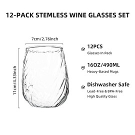 Stemless Wine Glasses Set of 12, 17 oz Red White Wine Glasses