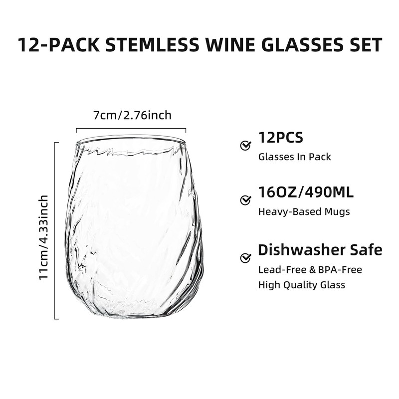 Stemless Wine Glasses Set of 12, 17 oz Red White