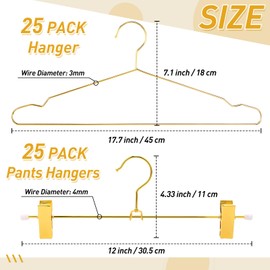 Wesiti 50 Pcs Gold Hangers Include 25 Pcs 17.7" Cloth Hangers with 25 Pcs 12'' Metal Pants Skirts Hangers with 2 Adjustable Non Slip Clips Swivel Hook Strong Metal Wire Clothes Hangers