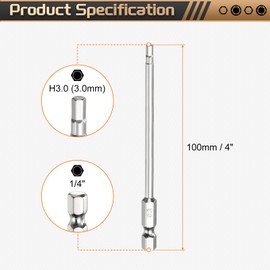 HARFINGTON H3.0 Hex Head Screwdriver Bit 3.0mm Metric Flat Tip 1/4" Hex Shank 100mm (4") Long Magnetic Hexagonal Screw Drill Bit Wrench Chrome Plated Power Driver Socket