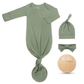 Hello World Newborn Knotted Gown 0-3 Months, Coming Home Outfit Baby Bamboo Viscose Sleeper with Hat,Headband,Wooden Sign (Grayish Green, 0-3 Months)