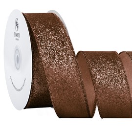 SIMISI RIBBON Brown Glitter Velvet Ribbon Wired for Christmas Tree Decorations, Outdoor Decor, Garland and Wreath Ornaments (1.5 Inch, 20 Yards)