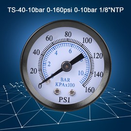 Pressure Gauge, 0-160psi/0-10bar 1/8" NPT Thread Mini Pressure Meter for Fuel,Air,Oil,Water Double Scale for Bar/Psi Measurement
