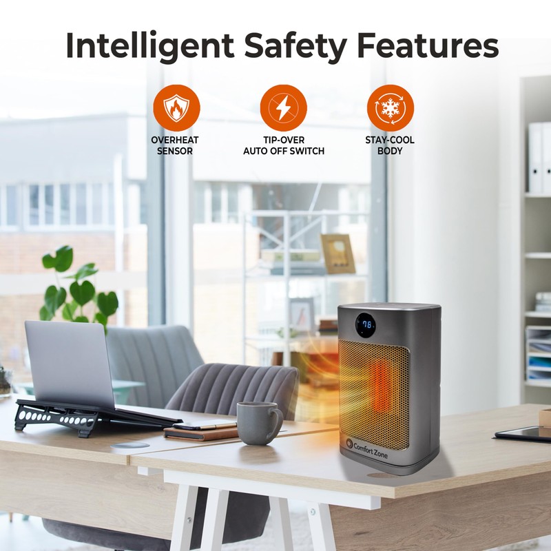 Comfort Zone Digital Desktop Heater, 1500W/1000W, ECO Mode, Thermostat, Remote