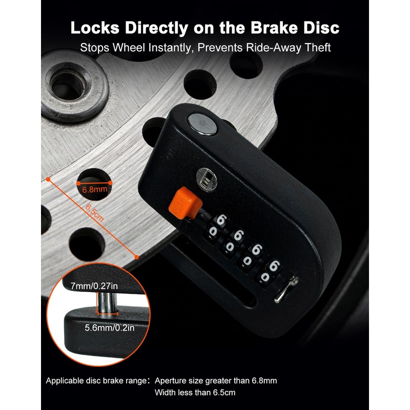 Motorcycle Disc Lock Anti-Theft Wheel Brake Lock, 4-Digit Code, 5ft