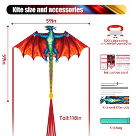 Fire Dragon Beach Kite for Adults, Easy to Fly Kite for Kids Ages 4-12
