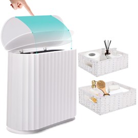 XLHOMO Small Bathroom Trash Can with Press Type Lid, 2Pcs Wicker Storage Baskets,Slim White Bathroom Garbage Can,Slim Plastic Narrow Trash Bin 2.6 Gallon Garbage Bin for Bathroom, Office, Bedroom