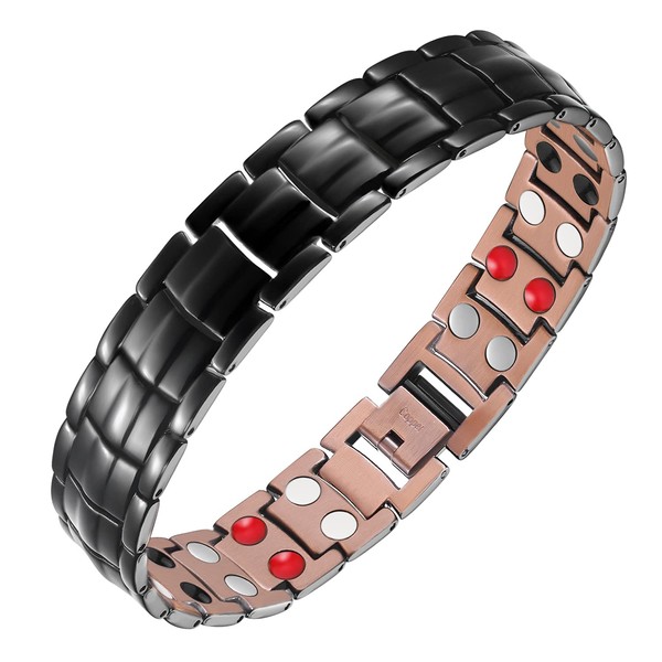 Feraco Copper Bracelet for Men 4 Elements Magnetic Bracelets Elegant 99.99% Solid Copper Jewelry with Magnets (Black)