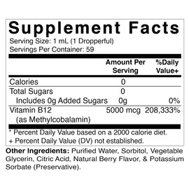 Vitamatic Fast Acting Liquid Vitamin B12 5000 mcg (Methylcobalamin) - Natural Berry Flavor - Sublingual Supplement - Faster Absorption - 2 OZ