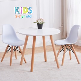 Pozbee Kids Table and Chair Set, Toddler Table and Chair Set, White Round Kids Desk and Chairs (Table and 2 White Chairs)