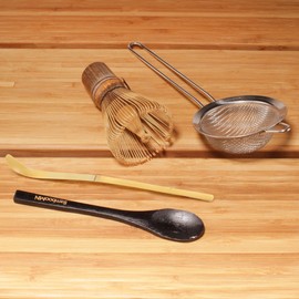 BambooMN Brand - Matcha Tea 4-Piece Whisk Set - Short Black Whisk, Hand Strainer, Teaspoon & Chashaku - Bamboo Tea Accessories - 1 Set