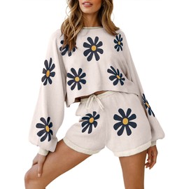 Ekouaer Knit Pajamas Set for Women Lounge Sets 2 Piece Long Sleeve Top and Shorts Pj Soft Sleepwear Cute Sweater Outfits Floral White L