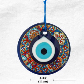 Erbulus 4.3" Glass Blue Evil Eye Wall Hanging Colorful Floral Design Ornament - Turkish Nazar Bead - Home Protection Charm - Wall Art Amulet in a Box