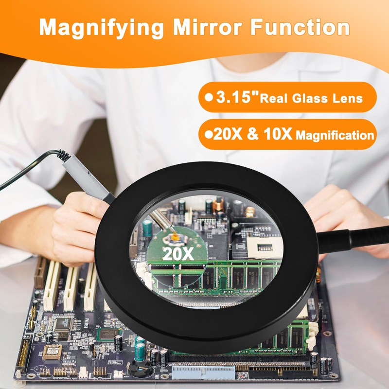 20X/10X Dual-Lens Magnifying Glass with Light and Timer, Combination Lens