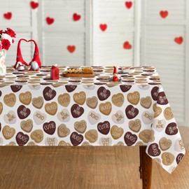 Horaldaily Valentine's Day Tablecloth 60×84 Inch Rectangular, Chocolate Candy Love Hearts with Words Washable Table Cover for Party Picnic Dinner Decor