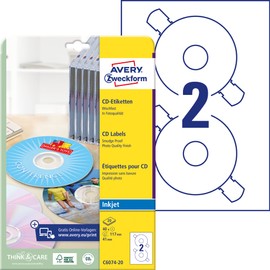 AVERY Zweckform C6074-20 selbstklebende CD-Etiketten (40 blickdichte CD-Aufkleber, Ø 117 mm auf A4, ClassicSize, Papier hochglänzend, bedruckbare Klebeetiketten für alle Inkjet-Drucker) 20 Blatt, weiß