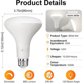TJOY BR30 5000K 6PACK BR30 LED Bulbs, Indoor Flood Lights CRI80 9W Equivalent 65W 5000K Warm White 800 Lumens, E26 Base, 15000 Lifetime Hours for Ceiling, Recessed Can, Living Room and Kitchen