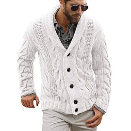 Runcati Mens Cardigan Chunky Knitted Jacket Long Sleeve Cable Knit Cardigan Casual Shawl Collar Buttoned Knitwear Overcoat Winter Outerwear, White, XL