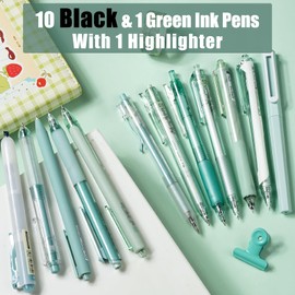 Four Candies Forest Series Gel Pens, Black & Green Ink Fine Point Smooth Writing Pens and Highlighter Set, Teal Office Supplies Back to School Stationery, Set of 12