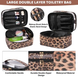 Large Capacity Travel Cosmetic Bag, Leopard Print Makeup Bag Waterproof Double Layer Makeup Bags, Flat Lay Makeup Bag Portable Toiletry Bag with Compartment for Men Women (Black)