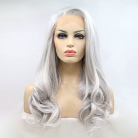 SERENEWIG 26 Inch Silver Gray Synthetic Lace Front Wigs for Women Natural Grey Long Body Wave Side Part Heat Resistant Synthetic Hair Replacement Wigs for Women Daily Wear Cosplay