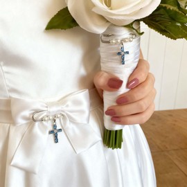 Blue Cross Charm Brooch Pins for Women Christian Wedding Bridal Bouquet Charm Lapel Pin for Bouquet Garter Dress Coat (A-Blue)