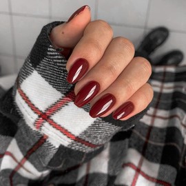 Wine Red Short Coffin Press on Nails Medium Coffin Nails Press ons, Glue on Nails Short Fake Nails for Women, Ballerina T Shape Acrylic False Nails Natural Handmade Gel Nails Medium Square Nails