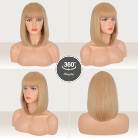 FESHFEN Short Blonde Bob Wigs with Fringe for Women, Medium Length Synthetic Wigs, Straight Hair Wigs for Women, 35 cm