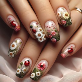 RUPOFUZA Flower Press on Nails Medium Square Fake Nails Glossy Acrylic Nails with Spring Colorful Flower Designs False Nails Full Cover Press on Artificial Nails Stick on Nails for Women 24 pcs