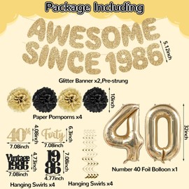 Eucutur 11PCS 40th Birthday Decorations Kit for Women Men, Pre-Strung Glitter Champagne Gold Black Awesome Since 1986 Banner Balloons Swril Paper Pompoms Party Supplies, Forty Bday Banner Hanging Sign