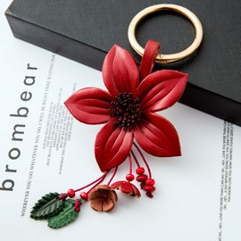 Giftale Leather Lily Flower Keychain Cute Car Keyring Fob Tassel Light Weight Burgundy Boho