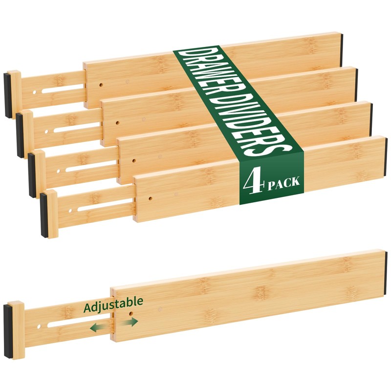 Dunruz 4 Pack Bamboo Drawer Dividers 2.6" High,Adjustable Spring Loaded