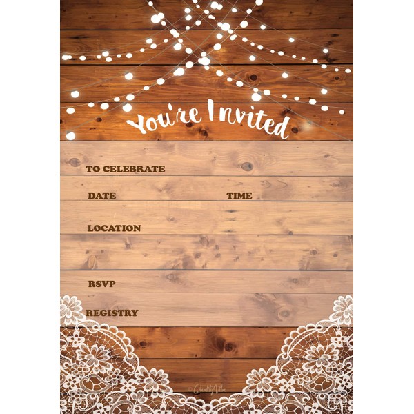 25 rustic invitations & 25 envelopes for wedding, bridal shower, birthdays, engagements, bachelorettes . This barn rustic invite style is also great for housewarming, retirement & rehersal parties.