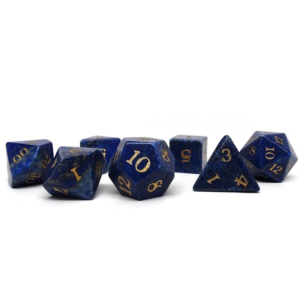 Stone Dice Collection - 7 Piece Collection of Semi Precious Stone Dice with Signature Font (Lapis Lazuli - Gold)