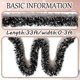 33FT Christmas Tinsel Garland Decorations, Metallic Foil Twist Garland for Christmas Tree, New Year’s Eve Party, Wedding Backdrop, Birthday Party, Indoor Outdoor Holiday Decor (Black & Silver)
