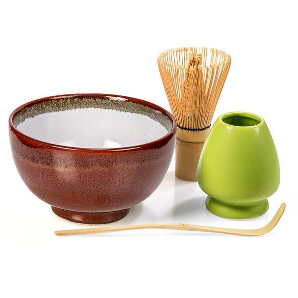 Tealyra - Matcha - Start Up Kit - 4 items - Matcha Green Tea Gift Set - Japanese Made Red Bowl - Bamboo Whisk and Scoop - Whisk Holder - Gift Box