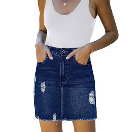 Necooer Womens Mini Pencil Denim Skirt Washed Frayed Stretchy Mid Waisted Fashion Ripped Short Bodycon Jean Skirts for Women (Medium,A-Dark Blue)