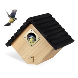 NATUREYLWL Bird House for Outside, Outdoor Bird Houses for Bluebirds, Finches & Cardinals - Natural Wooden Bird Hut with Easy Clean Design, Hanging Garden Decoration (8.5 x 6 x 6.8 Inch)