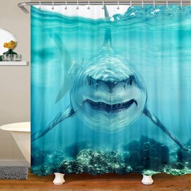 Shark Shower Curtain, 3D Shark Fish Bath Curtain, Sea Animals Bathtub Shower Curtain Ocean Sea Wave Shower Stall Curtain Blue White Bathroom Sets Accessories With Hooks Bathroom Decor 72" W x 78" L