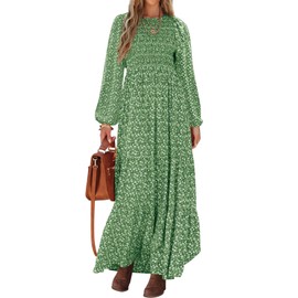 PRETTYGARDEN Women's Fall Dresses 2024 Long Sleeve Flowy Casual Floral Maxi Dress Crew Neck Smocked Tiered Long Dress (Green, Small)