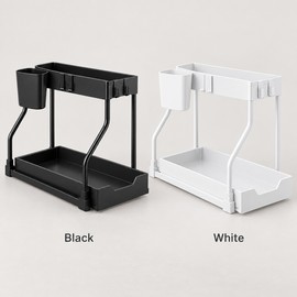 Pull-Out Cabinet Organizer for Kitchen and Bathroom Storage – Black and White Space-Saving Shelves for Under-Sink Organization