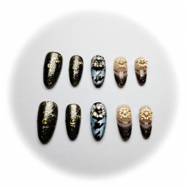 Nails Handmade Press on Nails,Hand-Painted Nails Design by Salon Nail Artist,Reusable Fake Nails with Design DIY Flower Long Stiletto,Artificial Crystal with Box 10 Pcs False Nails (P94C, M)