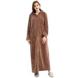 Oksun Womens Dressing Gown Full Length Hooded Robe Fleece Winter Warm Soft Bathrobe, Hood-brown, UK10-14(label L)