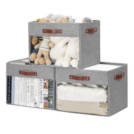 Roobyl Extra Large Storage Baskets with Clear Window, See Through Closet Organizer with PU Handles, Linen Foldable Storage Bins for Organizing Clothes, Toys, Books (Gray)