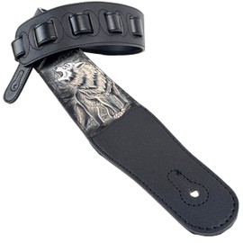 Walker & Williams CVG-WL-B Hand Carved Black And Tan Howling Timber Wolf On Black Leather Guitar Strap