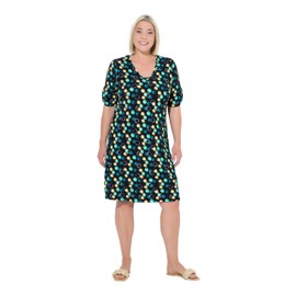 Ulla Popken Women's Plus Size Plus Size Beach Dress Polka Dot Trim Ribbons V-Neck Half Sleeve 837505, black