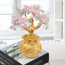 rockcloud Crystal Money Tree with Golden Money Bag, Feng Shui Cabinet Decoration for Wealth and Luck Bonsai Home Office Ornament, Rose Quartz